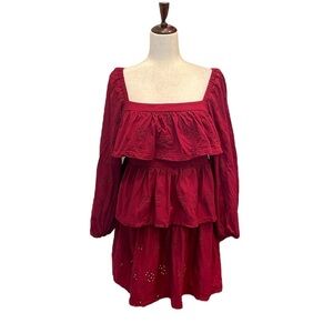 ASOS Design Broderie Square Neck Ruffle Mini Dress Berry 10